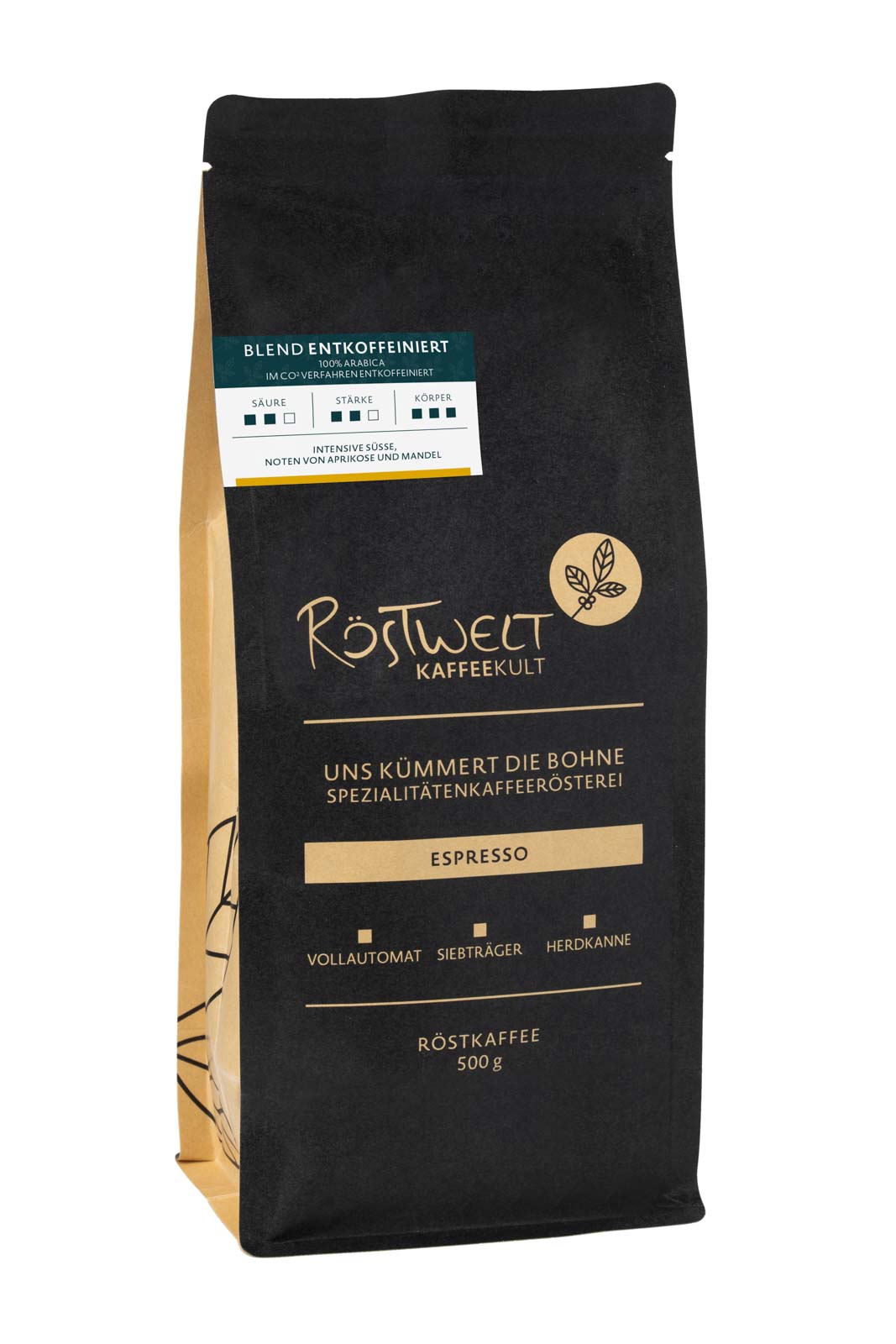 Eine 250g Tüte Espresso Entcoffeiniert entcoffeinierter espresso aus espresso bohnen