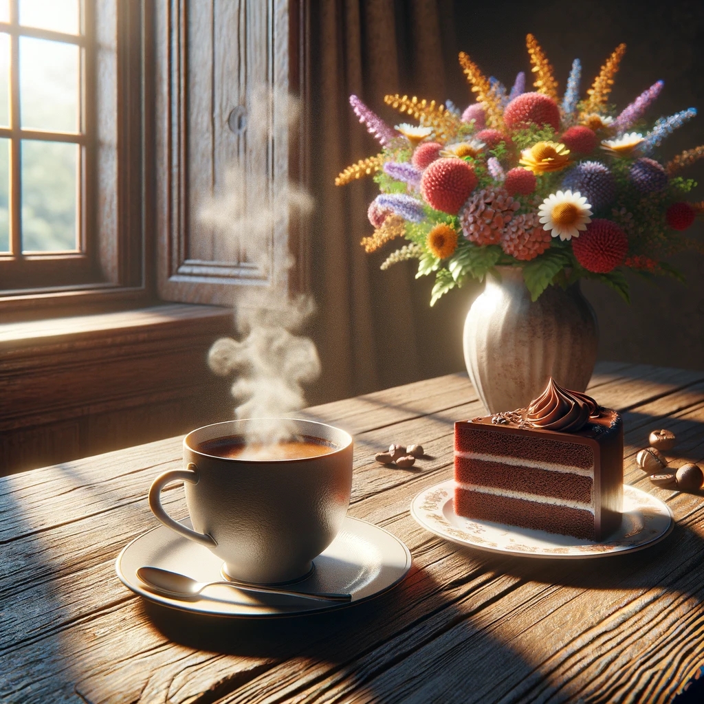Tisch mit Blumenstrauß und Schokoladentorte und einer Tasse malabar kaffee
