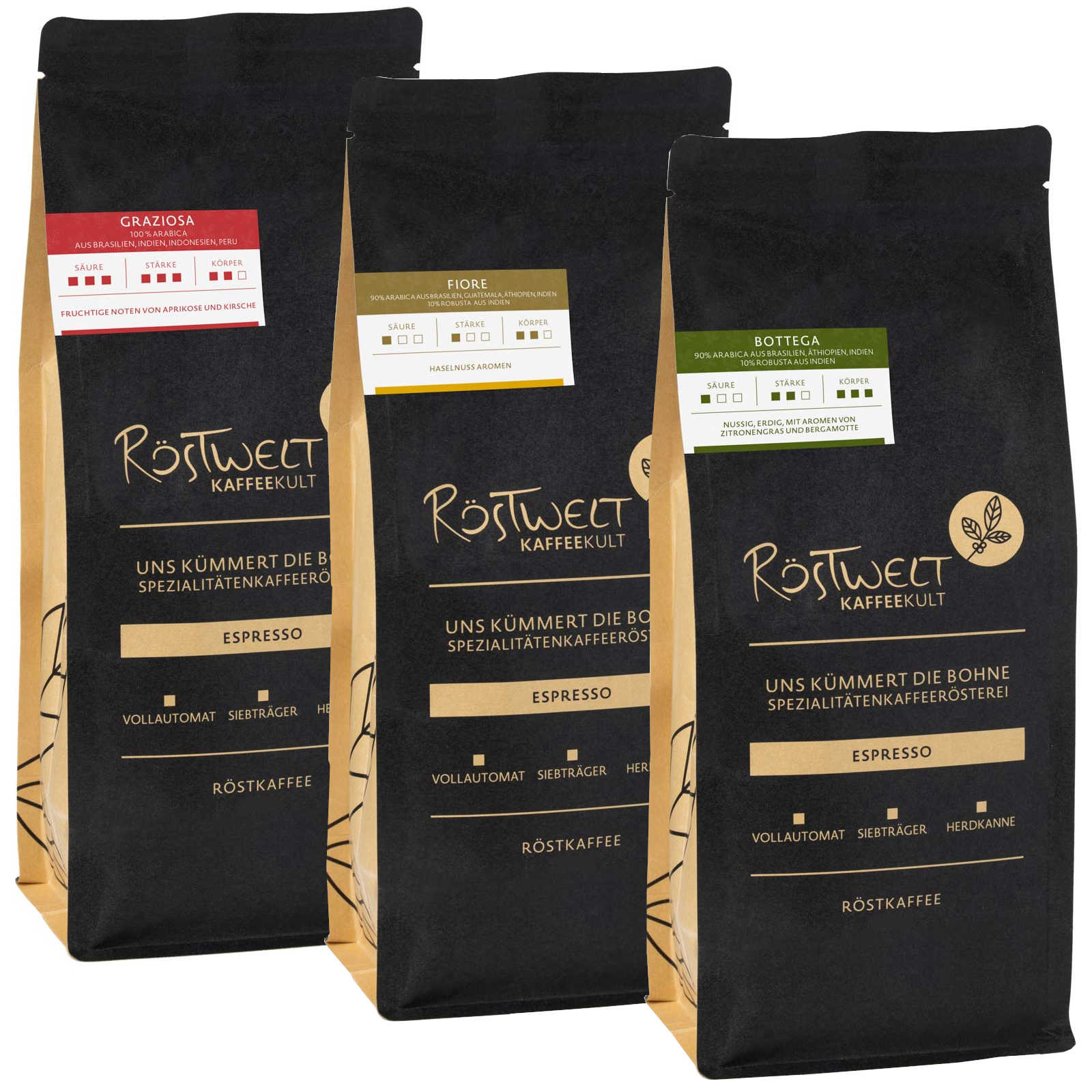 Drei Tüten Espresso Bohnen, Bottega, Dolce, Graziosa verschiedene Espressobohnen passend zur schokobohne